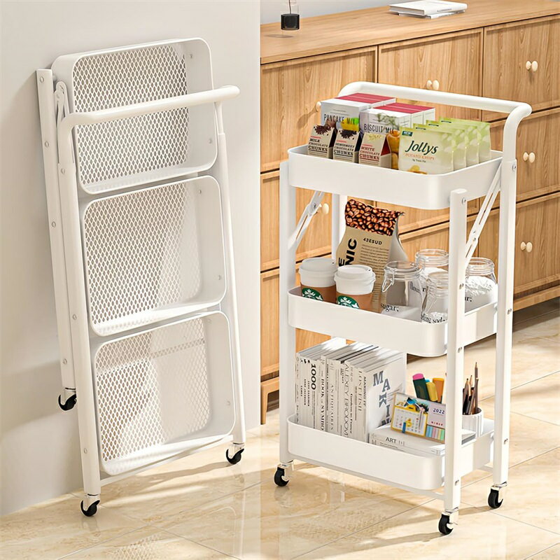 キッチンワゴン 組立不要 折り畳み式 オール金属構造 3段 キャスター付き 取っ手付き キッチンラック ..