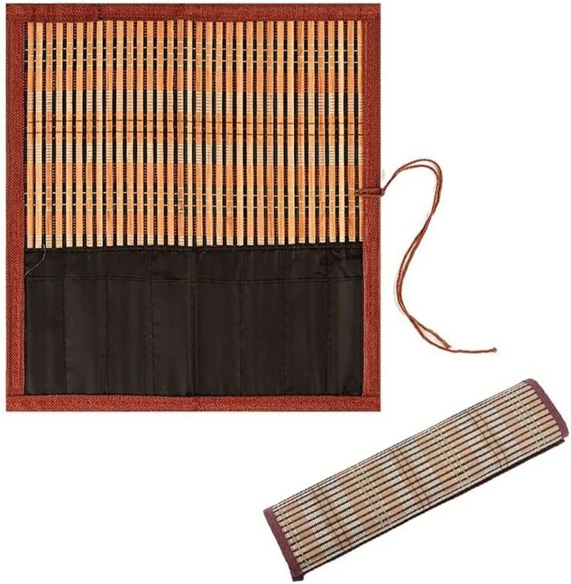 筆巻き 竹製 筆 収納 持ち運び 習字 ペンケース 書道 保管 ポケット付き コンパクト 毛筆 細竹皮筆巻 3..