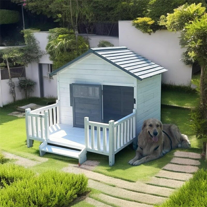 ポーチ付き屋外木製犬小屋 屋根 ドア シャッター窓付きキャビンスタイルの高床式犬用シェルター 中型大型犬用