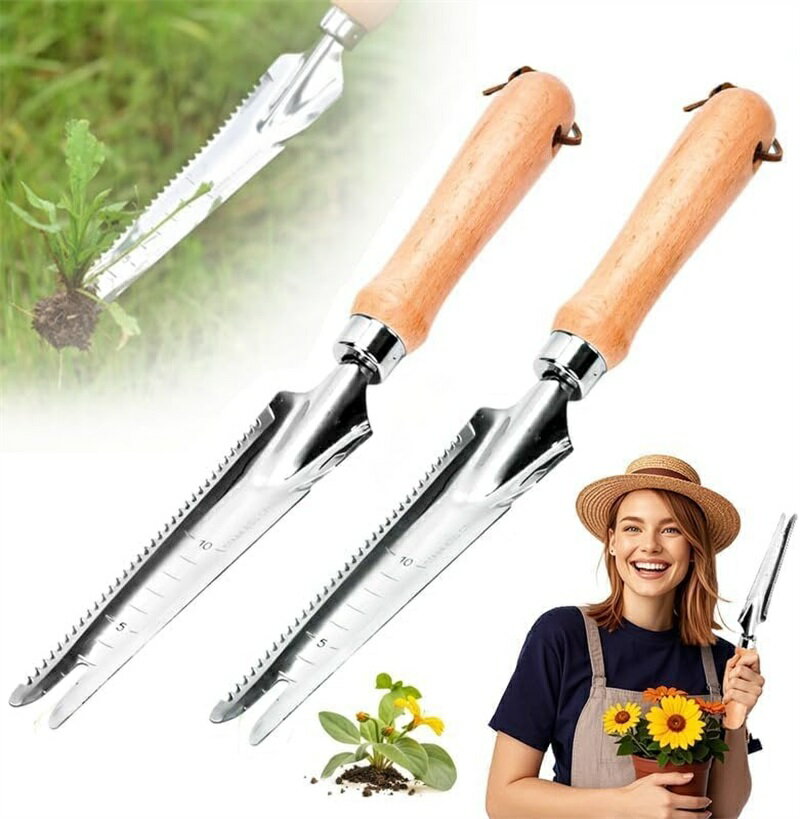 草むしり道具 雑草抜き 根こそぎ 5in1多機能ツール 目盛り付き 防錆 ステンレス 木製ハンドル 片手用 ..