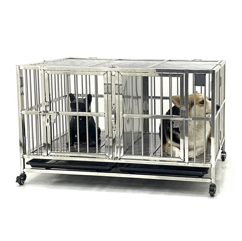 テンレス製の犬用ケージ 2匹の犬が喧嘩しないように真ん中に仕切りがあります, 屋内と屋外に適していま..