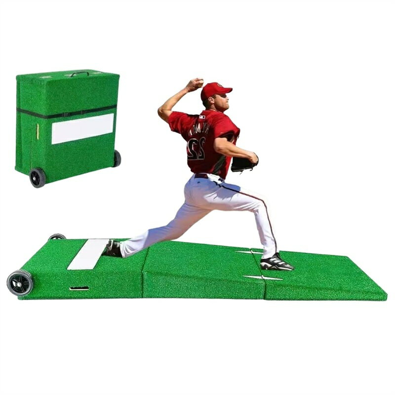 野球 ピッチャーマウンド ポータブルピッチングマウンド 大人用 折りたたみ式 バッターマット 木製 ハンドルと車輪付き 収納便利 持ち運びが簡単 EVA 滑り止め 高密度人工芝 自然の斜面 学童 少年 野球用品 室内 屋外用(赤)