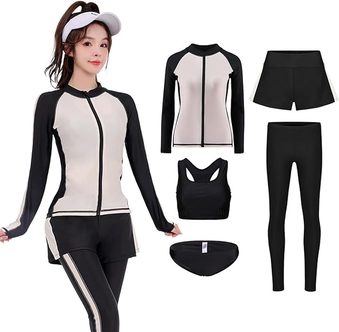 ラッシュガード レディース 5点セット 水着 体型カバー UVカット レギンス 長袖ラッシュガード 前開き ..