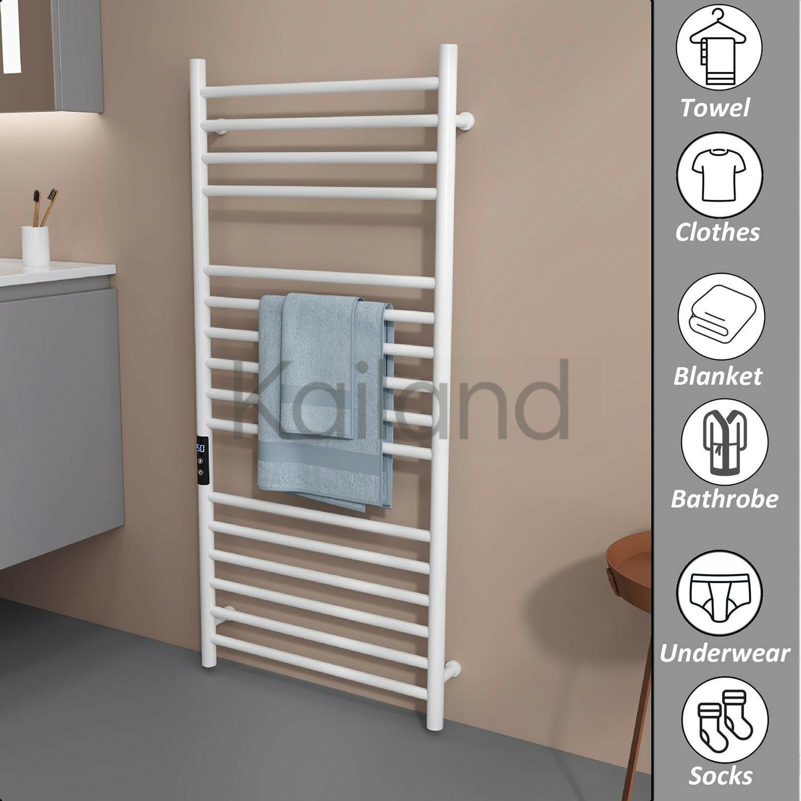 Kailandの【ポイント3倍!特定商品!7月限定!】低電力 電気加熱式タオルラ バスタオル掛け タオル乾燥機 加熱タオルレール，タオルウォーマー 電気暖房タオルラック タオル乾燥機 急速加熱機能付き，ステンレス製 壁掛けタオルウォーマーが 浴室 洗面台 ホテル用 家庭用｜アングル2