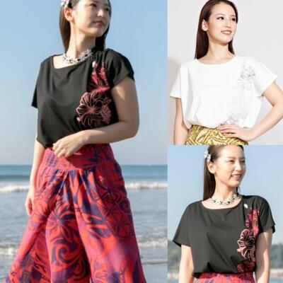 ○o。【Maunaloa】ハワイアン ひんやり冷たい ハイビスカス柄 Tシャツ トップス フラダンス衣装 フラガ..