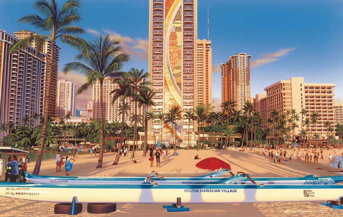 ○o。ハワイアン キャンバスパネル絵　(Hilton Rainbow tower) 35×55×1.8cm ハワイアン雑貨 ハワイアンインテリア 壁掛け プレゼント 絵 ハワイ雑貨 絵画 アート お土産 可愛い お洒落 ハワイ思い出 ヒルトン レインボー ホノルル ワイキキ オアフ。o○のサムネイル