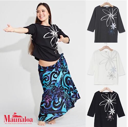 ○o。【新作】【Maunaloa】ハワイアン ティアレ ストレッチ 7分袖丈 Tシャツ フラダンス衣装 フラガール パウスカートに合います フラダンス フラ マウナロア MMJ 二の腕 ストレッチ素材 練習 発表会 タヒチアン 冬 人気 可愛い 素敵。o○