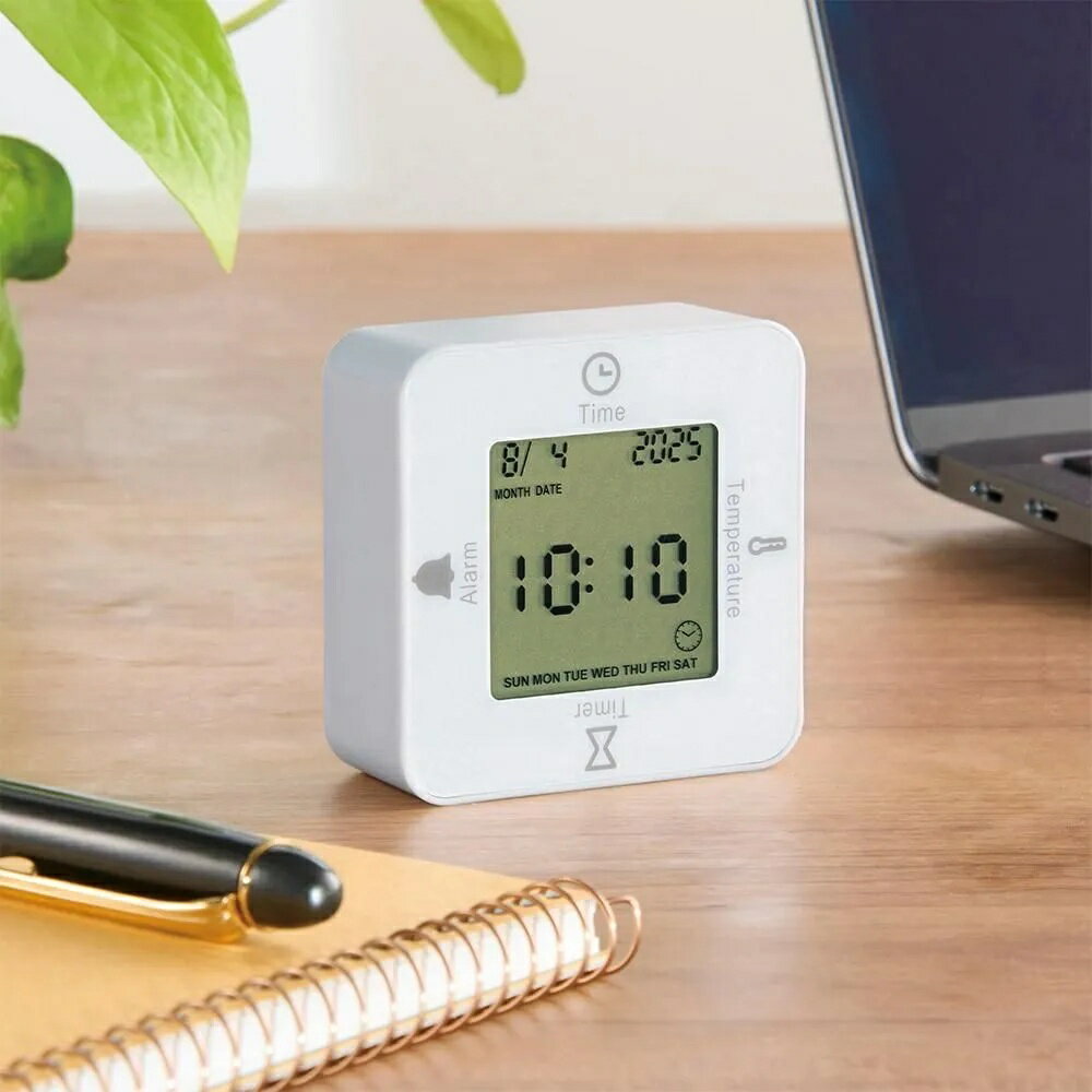 【4WAY】コロリンクロック 置き時計｜アラーム／温度計／タイマー搭載｜コロコロ向きを変えて機能切替｜リビング・寝室・子供部屋・キッチンに／ホワイト