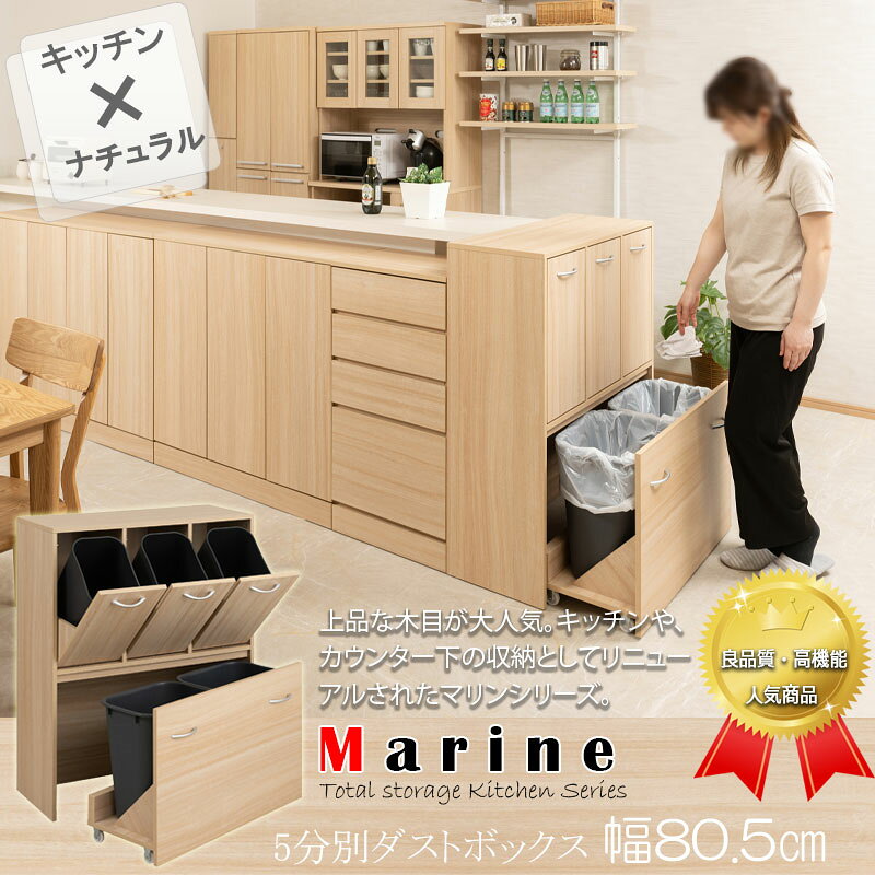 キッチンシリーズ Marine カウンター下収納 5分別ダストボックス 幅80.5cm 奥行32cm マリンナチュラル 背面化粧仕上げ ペール付き スリム 間仕切り 隙間収納 ゴミ箱 ダスト 24L 14L 薄型 ダストボックス ごみ箱 収納ラック