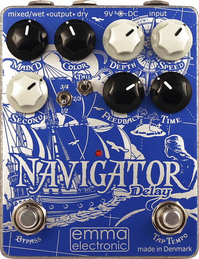 EMMA NAVIGATOR Delay ディレイ エフェクター Effector Guitar ギター 楽器 機材 アナログとデジタルの優れた技術を組み合わせたハイブリッド・ディレイ。本機はメイン・ディレイの他に、2つ目のディレイ音を加えることが出来ます。 1