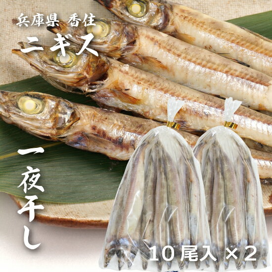 一夜干しニギス 20尾（10尾×2）山陰産山陰で人気の魚、にぎす（沖ぎす）を新鮮な状態で一夜干しにしました。白身魚であり、ニギス特有のほのかな苦味が旨みを引き立て、クセになる大人の味です。品名一夜干しニギス原材料名ニギス（山陰沖産）、食塩内容量20尾（10尾×2袋）　※計900g前後賞味期限出荷日より30日保存方法要冷凍（-18℃以下）お召し上がり方そのまま焼いて、お召し上がりください。栄養成分表示【100g当たり】エネルギー173Kcal、たんぱく質27.6g、脂質5.4g、炭水化物1.3g、食塩相当量1.8g、（この表示値は、目安です。）加工者マルヨ食品株式会社