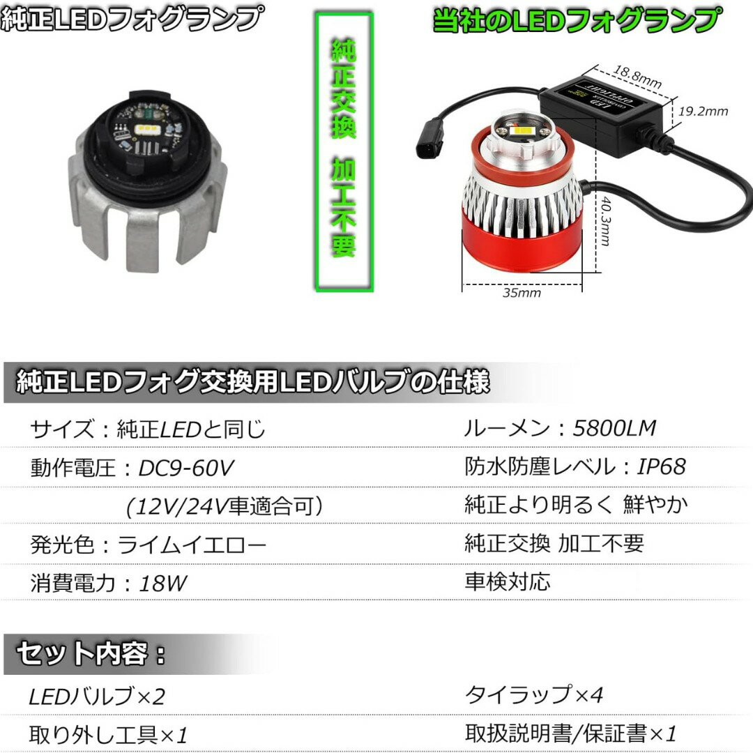 LED フォグランプ L1B ライムイエロー 車検対応 爆光 5800LM 純正交換 ポン付け ハイエース7型 クラウン220系 カローラツーリング/スポーツ/クロス 50プリウス後期 ハリアー80系 ルーミー 新型 アトレー フォグバルブ ファン付き FMノイズ対策 防水仕様 2個セット 2