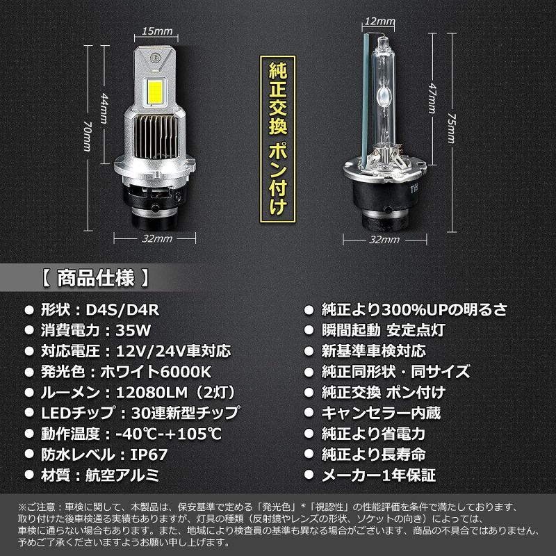 LEDヘッドライト D4S/R 兼用 爆光 車検対応 純正同サイズ 車種を問わず ポン付け可 ホワイト 6000K 35W 12080LM DC12V/24V車対応可 ファンレス キャンセラー内蔵 光軸調整不要 純正HIDバラストと接続 HIDを超えた LEDバルブ 2個入り 2