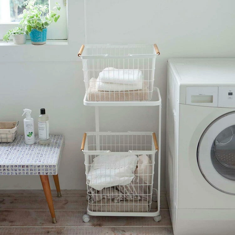 ランドリーワゴン＆バスケットセット トスカ[TOSCA] 【ランドリーラック ランドリー 洗濯 洗濯物 収納 大容量 2段 キャスター 洗濯カゴ キッチン ダイニング リビング ナチュラル ホワイト 白 おしゃれ かわいい 北欧 テイスト yamazaki 山崎実業 インテリア 新生活】