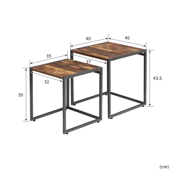 【710円OFF!9/11 2時迄】ヴィンテージ風 ネストテーブル【サイドテーブル テーブル 四角形 角 大小2個セット 幅40/幅35 収納 ウッド 木目 スチール リビングテーブル ナイトテーブル ローテーブル アイアン おしゃれ家具 北欧 西海岸 インダストリアル 食事】