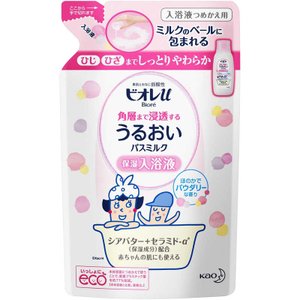 ※予告なくパッケージが変更になる場合がございます。ご了承ください。 ひじ・ひざまでしっとりやわらか！ ★商品特徴 ●ミルクのベールに包まれる ●ひじ ひざまでしっとりやわらか ●保湿入浴液 ●入浴後の乾燥を防いで、家族みんな、しっとりやわらか肌に！ ●うるおいが角層までたっぷり浸透→ミルクのベールがうるおいを閉じ込める ●乳白色のやわらかなお湯でしっかり保湿。 ●保湿成分：シアバター、セラミド-α*配合。 ●素肌とおなじ弱酸性 ●赤ちゃんのデリケートな肌にも使えます ●アレルギーテスト済み（全ての方にアレルギーが起こらないというわけではありません） ●ほのかでパウダリーな香り ★使用方法 お風呂のお湯(150-200L)に約40mlの割合でいれ、よくかき混ぜて入浴してください。計量にはキャップ(入れ目線一杯が約40ml)をご使用ください。 ★使用上の注意 本品記載の使用法・使用上の注意をよくお読みの上ご使用下さい。 ★成分 水、ミネラルオイル、グリセリン、ワセリン、ミリスチン酸オクチルドデシル、オレイン酸ソルビタン、ラウリン酸ソルビタン、オレイン酸PEG-6ソルビタン、ステアロイルメチルタウリンNa、シア脂、セチルPGヒドロキシエチルパルミタミド、コハク酸、グリシン、テトラオレイン酸ソルベス-40、オクチルドデセス-20、メチルパラベン、エチルパラベン、香料 商品区分：入浴剤 原産国：日本 　　　　 ■問合せ先 花王株式会社　東京都中央区日本橋茅場町1-14-10 お問合せ　電話：0120-165-692 【文責】 株式会社奈良ドラッグ 電話　　06-6969-2668 薬剤師　中瀬　育代