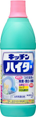 ★特徴 ●しつこい汚れもしっかり漂白！除菌だけなら手早く2分！ ＜使えるもの・使えないもの＞ ・使えるもの 白物のふきん、おしぼり(木綿、麻、ポリエステル、アクリル、レーヨン、キュプラ)、メラミン以外のプラスチック製品、木・竹製品、陶器、ガラス器、食器用スポンジ ・使えないもの 色物・柄物のせんい製品、金属製の容器・用具、メラミン食器、漆器、獣毛のハケ、水洗いできない製品や場所、食品 ※衣料等せんい製品の漂白にはワイドハイターやハイター等の衣料用漂白剤を使う。 ※せんいや材質自体が黄変したものは、漂白剤でも元に戻らない。 ★使用上の注意 【使用上の注意】 ・用途外に使わない。 ・原液で使わない。 ・熱湯で使わない。 ・容器を強く持ってキャップを開けると原液が飛び出す恐れがあるので注意する。 ・使用する時は炊事用手袋を使う。 ・他の洗剤等と併用しない。 ・酸性タイプの製品や塩素系の排水口ヌメリ取り剤・生ごみ・食酢・アルコールと混ざらないようにする。有毒なガスが発生して危険。 ・水や他のものを入れたり、他の容器につめかえたりしない。破裂することがある。 ・酸素系漂白剤と併用すると効果が落ちる。 ・衣類や敷物や家具に液がつくと脱色するので注意する。 ・直射日光を避け、高温の所に置かない。 【応急処置】 ・目に入った時は失明のおそれがある。こすらずただちに流水で15分以上洗い流し、痛みや異常がなくても直後に必ず眼科医に受診する。 ・飲み込んだ時は吐かずにすぐに口をすすぎ、コップ1〜2杯の牛乳か水を飲む等の処置をし、医師に相談する。 ・皮ふについた時は、すぐに水で充分洗い流す。異常が残る場合は皮ふ科医に相談する。 ・使用中、目にしみたり、せき込んだり、気分が悪くなった時は使用をやめてその場から離れ、洗眼、うがい等をする。 ※いずれも受診時は商品を持参する。 ★成分・分量 成分・・・次亜塩素酸ナトリウム(塩素系)、界面活性剤(アルキルエーテル硫酸エステルナトリウム)、水酸化ナトリウム(アルカリ剤) 液性・・・アルカリ性 内容量：600ml 商品区分：日用品 ■問合せ先 お問い合わせはお買い求めのお店又は下記までご連絡いただきますようお願い申し上げます。 花王 103-8210 東京都中央区日本売茅場町1-14-10 TEL:0120-165-693 【文責】株式会社奈良ドラッグ 電話　　06-6969-2668 薬剤師　中瀬　育代