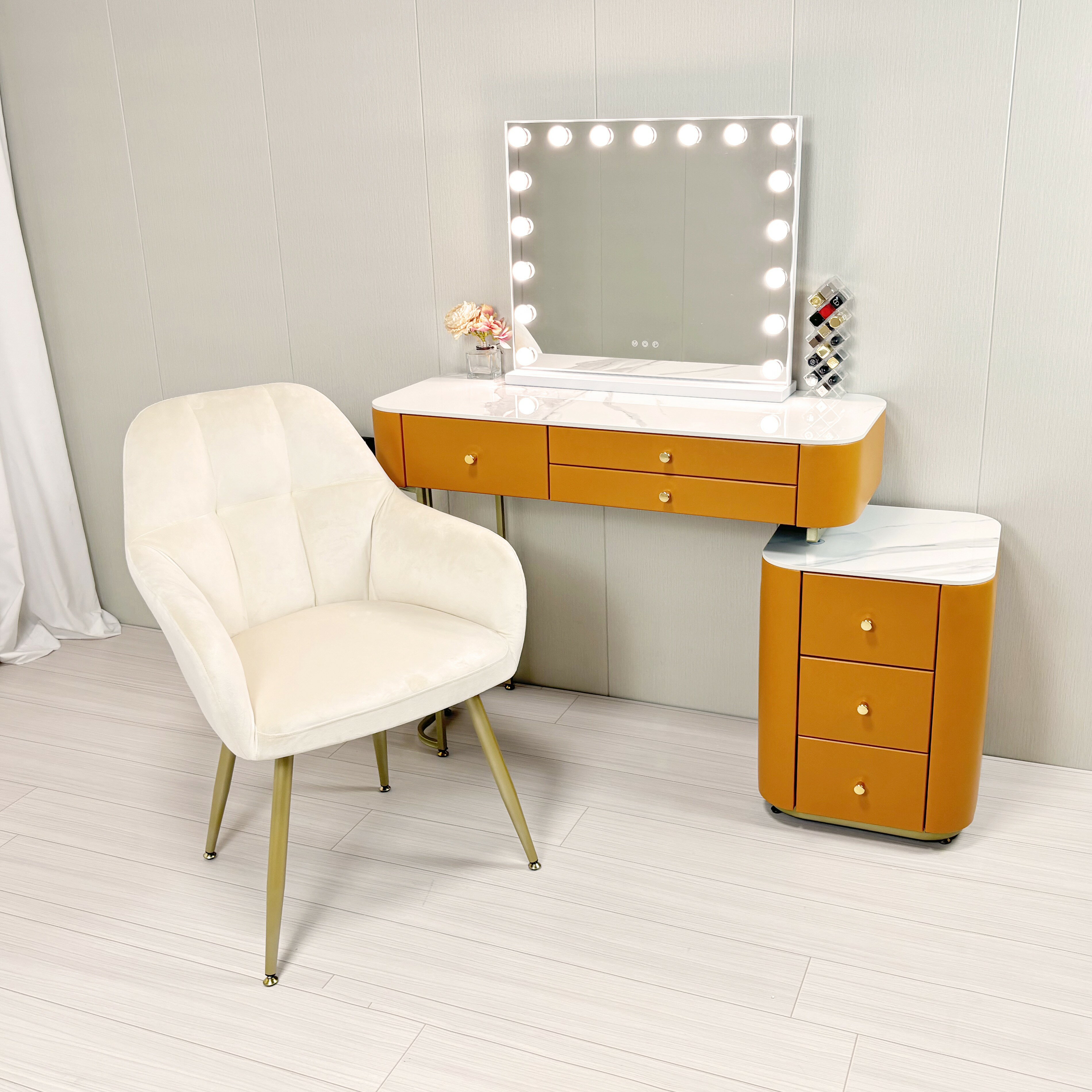 期間クーポン実施中 化粧台 ドレッサー おしゃれ 女優ミラー 北欧風 鏡台 自社製品 お姫系 大理石天板 カラ レザー調 テーブル幅100cm チェスト付き LEDミラー スツール サイドテーブルあり 寝室 化粧テーブル 小さい化粧台 コスメ台 収納 ネイルサロン