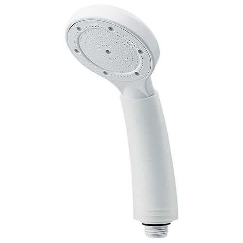 ●材質 ABS、シリコンゴム ●しっかり握れて、すべりにくい、ユニバーサルグリップ付き ●大型噴板でやさしい水流のシャワーヘッド ●シャワーの勢いが弱いご家庭でも、付属の噴板（低水圧用）に取替えると、快適なシャワーになります。 ●薄型、軽量で、持ちやすい形状 ●低水圧（低流量）対応用シャワーヘッド　動水圧0.05MPa、流量5L／分の条件で使用できます。 ●アダプター付き