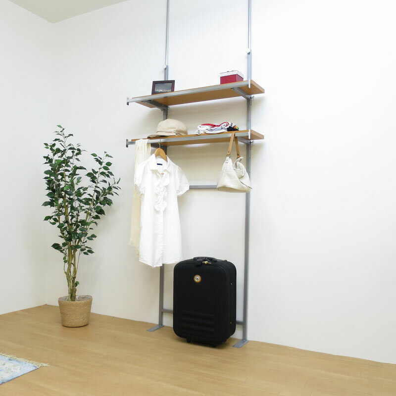 乐天商城 - 【日本製・送料無料】 つっぱり式棚板無段階可動ラック（棚付ハンガー2段タイプ）　幅90cm 日本製 つっぱり 壁面 ラック 空間活用 棚 ディスプレイ 飾り スチール