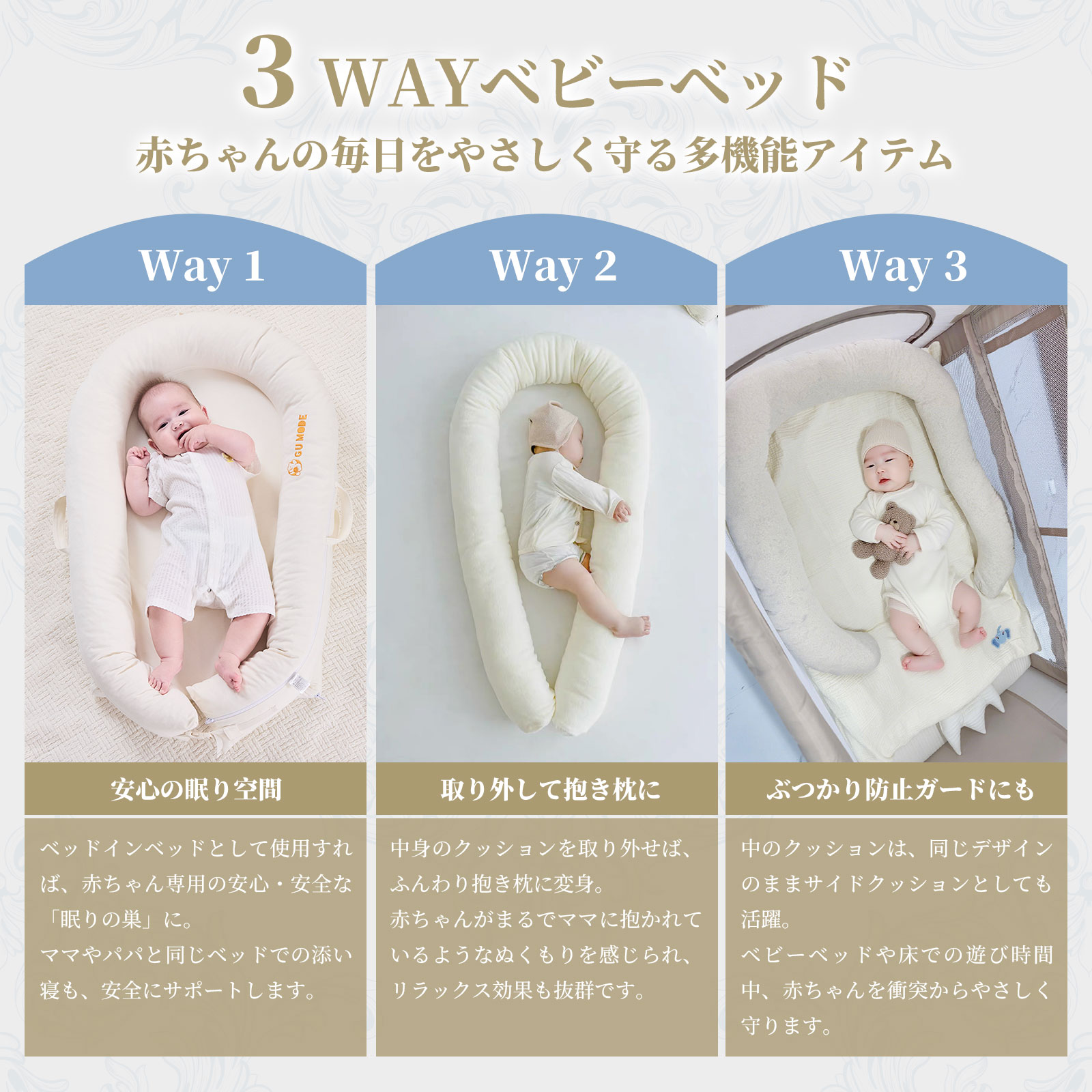 【スーパーSALE 65％OFF!!】【ジャンル賞受賞】ベビーベッド 天然ラテックス 抗菌 防ダニ ベッドインベッド 赤ちゃん 新生児 添い寝 新生児～18ヶ月 長く使える 持ち運び ベビーネスト 洗濯可 クッション 吐き戻し防止 寝返り防止 出産祝い 出産準備 GU MODE 2