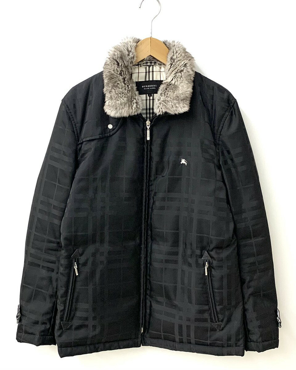 【中古】バーバリー Burberry ブラックレーベル BLACK LABEL ノバチェック ダウンジャケット ラビットファー ホワイトグースダウン BMP74-903-09 ジャケット チェック ブラック Lサイズ 201MT-622