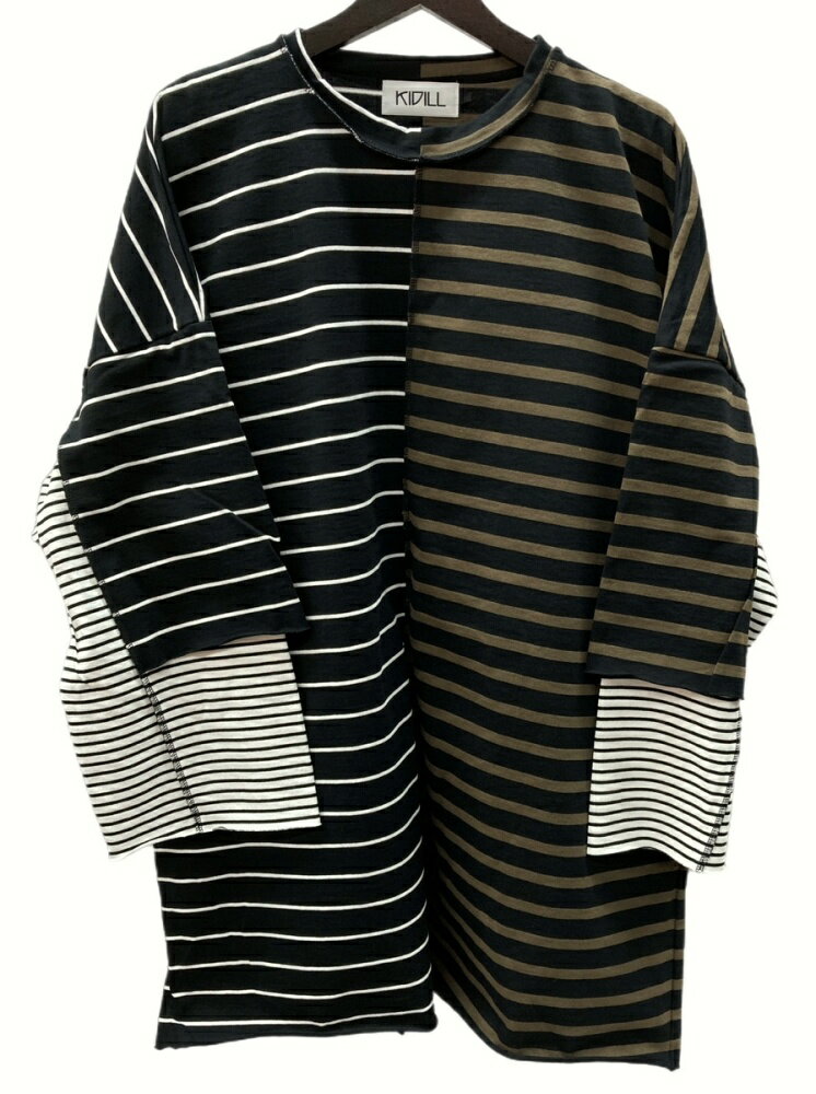 【中古】 キディル KIDILL Chaos Oversize T-shirts Border ドッキング ボーダー オーバーサイズ 長袖 カットソー 黒 白 茶色 KL377-A ロンT ストライプ マルチカラー フリーサイズ 104MT-549