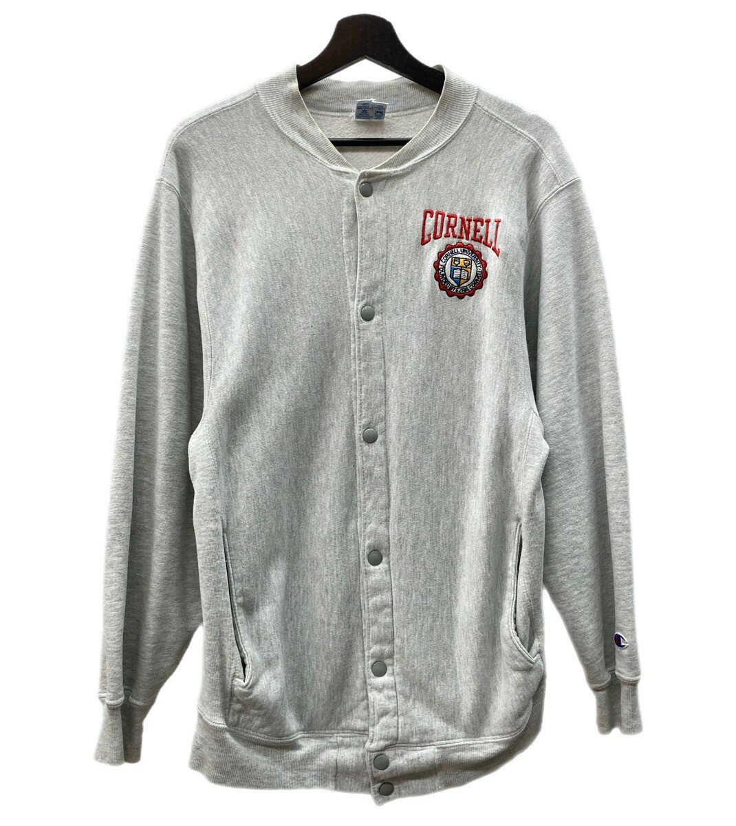 【中古】 チャンピオン Champion 90's REVERSE WEAVE リバースウィーブ 刺繍タグ ヴィンテージ カレッジ スナップ カーディガン CORNELL 灰色 スウェット 刺繍 グレー Mサイズ 104MT-679