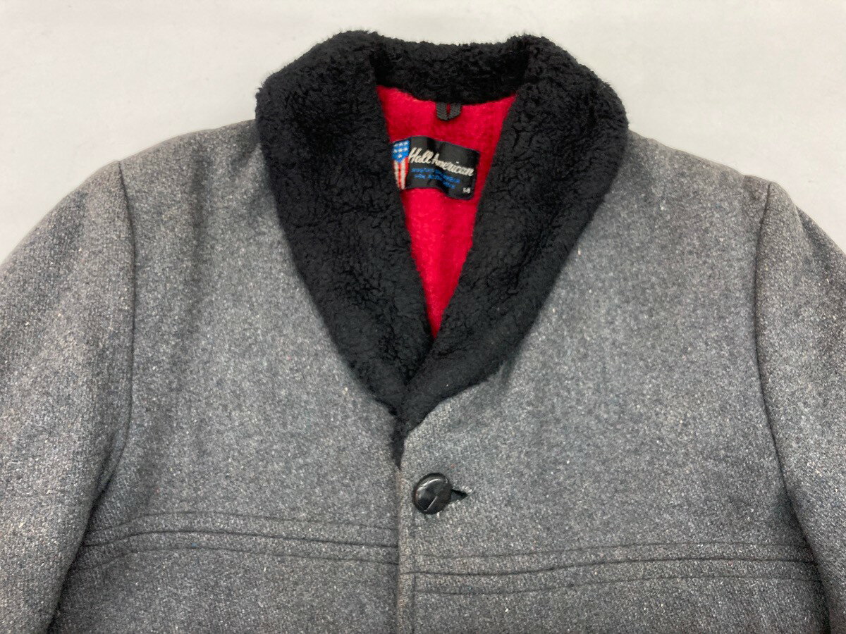 【中古】 ヴィンテージ vintage 60’s ～ Hall American ギャングコート くるみボタン ボア ショールカラー ヘチマ襟 灰色 黒 サイズ 14 ジャケット 無地 グレー 104MT-1020