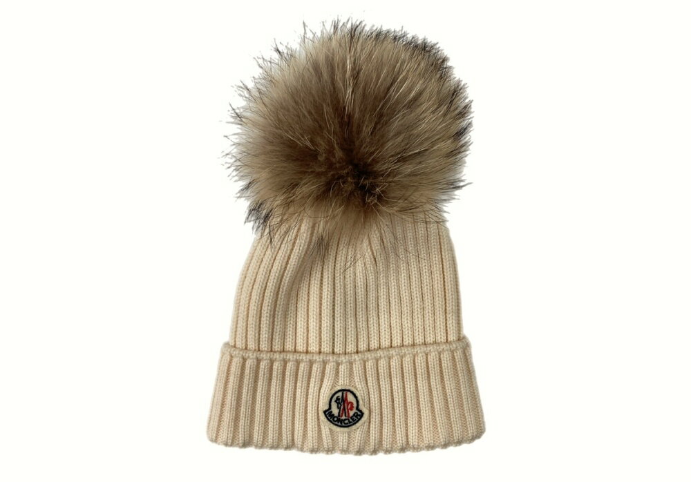 【中古】 モンクレール MONCLER KNIT CAP ニット帽 ビーニー ファー付 キッズ ベビー 白 C2-954-00316-05-04S01 帽子 レディース帽子 ニット帽 ロゴ ホワイト Sサイズ 104H-24