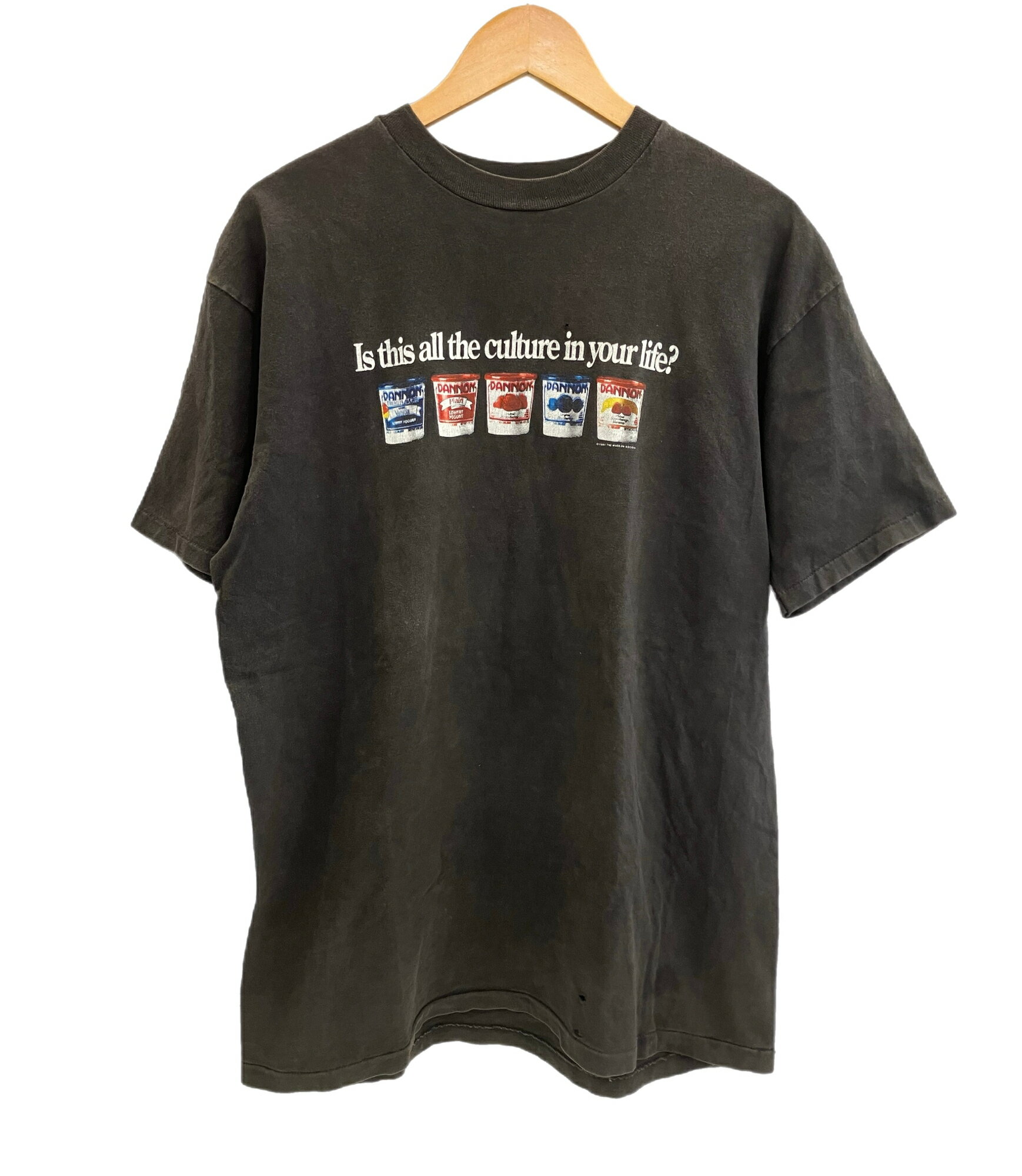【中古】US US古着 90's 90年代 Hanes Dannon Yogurt ダノンヨーグルト ©1991 企業モノ MADE IN USA アメリカ製 Vintage ヴィンテージ XL Tシャツ ブラック LLサイズ 101MT-4432
