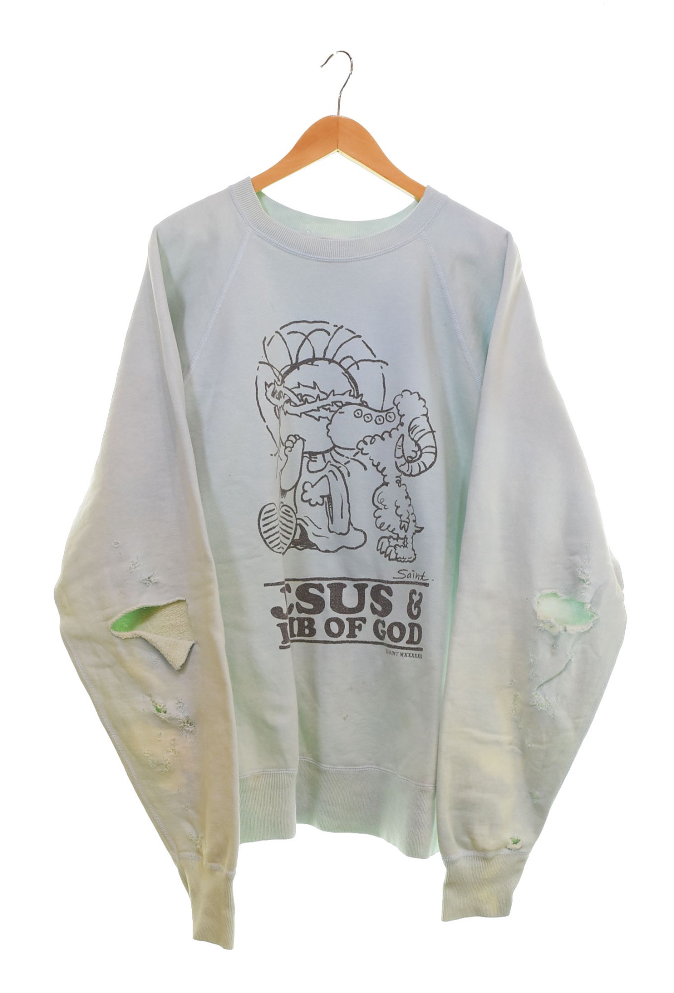 【中古】セントマイケル SAINT MICHAEL 23AW JESUS CREW N SWEAT SHIRT ダメージ加工 ヴィンテージ加工 SM-A23-0000-024 スウェット ブルー LLサイズ 103MT-3009