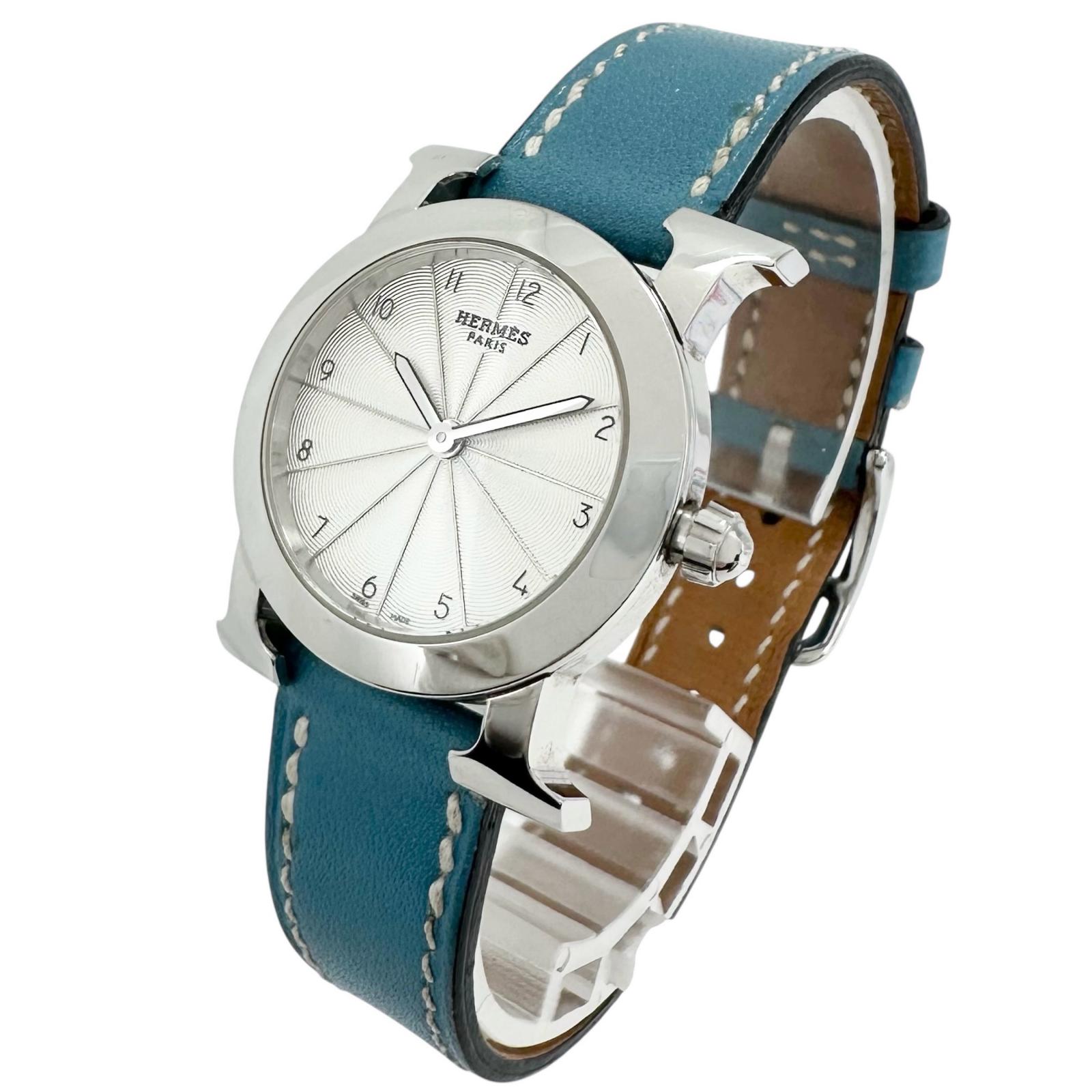 HERMES エルメス Hウォッチ ロンド HR1.210 腕時計 ステンレススチール/レザー ブルージン/シルバー クオーツ シルバー文字盤 中古 レディース