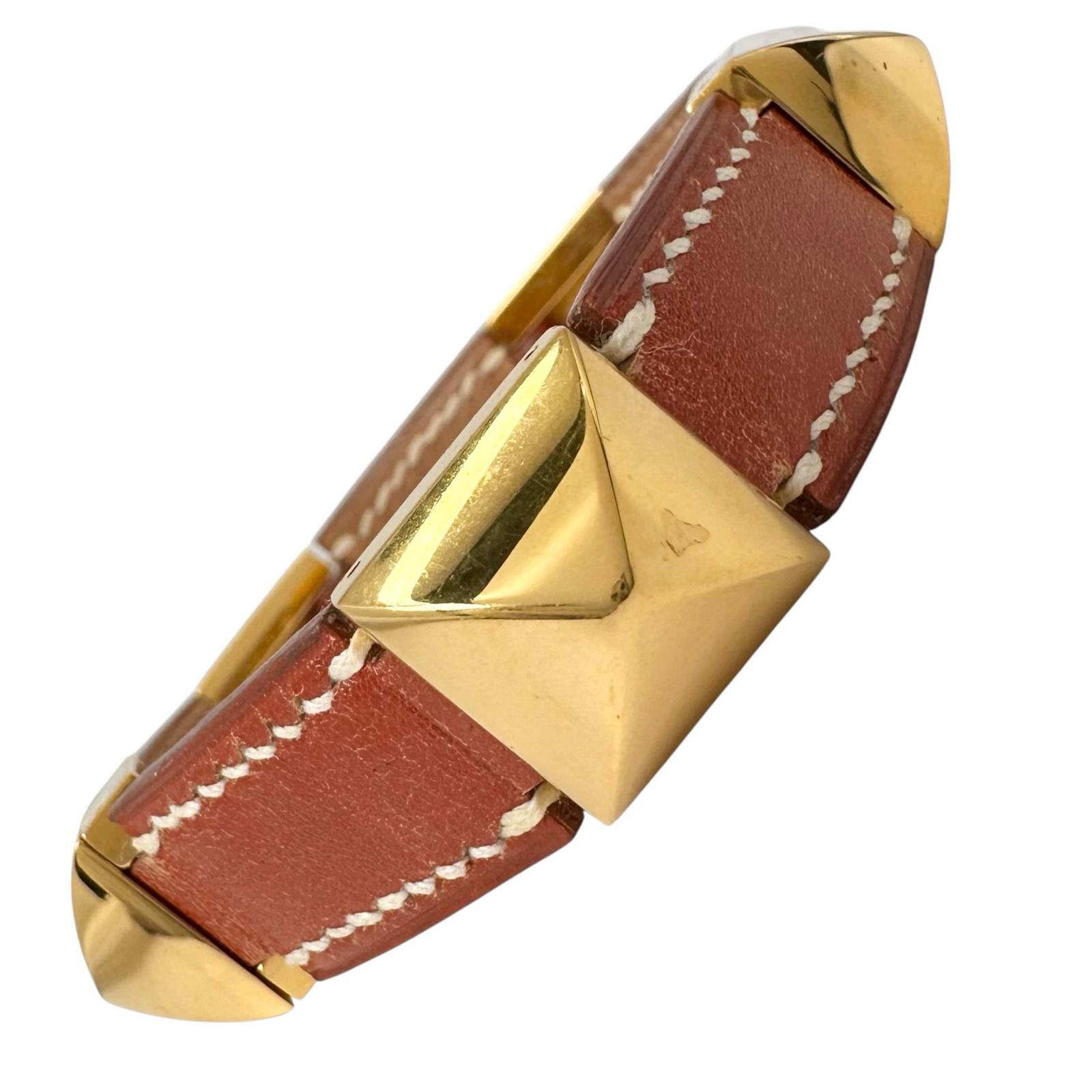 HERMES エルメス メドール ブレスレット レザー/GP ブラウン/ゴールド □A刻印 レディース