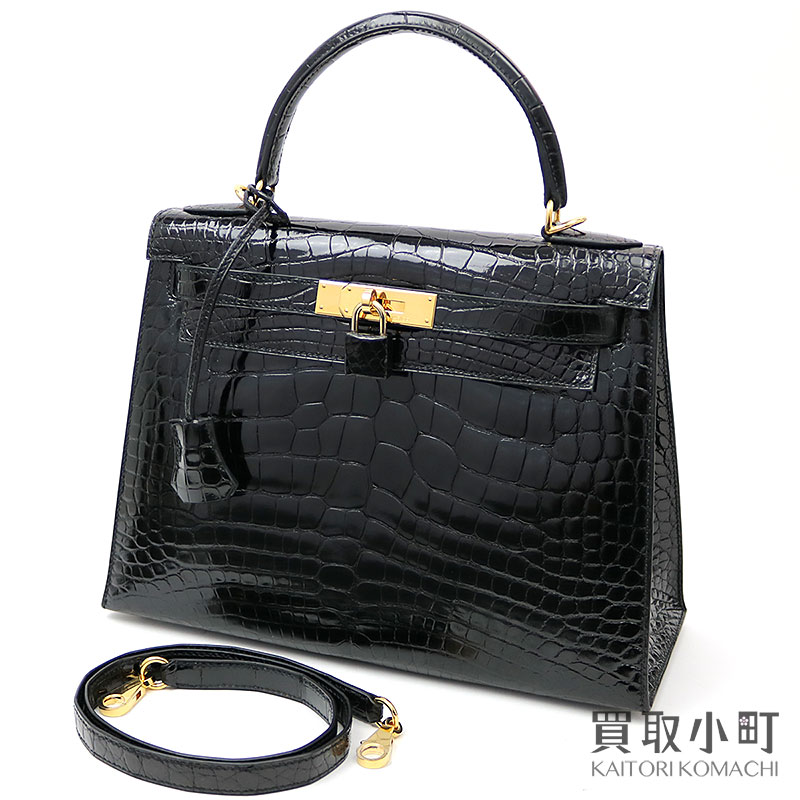 【最大3万円OFFクーポン! 6/15〜】【美品】エルメス 【HERMES】 ケリー28 クロコダイル アリゲーター ブラック ゴールド金具 外縫い 2WAYショルダー ケリーバッグ アイコン V字金具 新金具 KELLY II 28 CROCODILE ALLIGATOR NOIR 【中古】