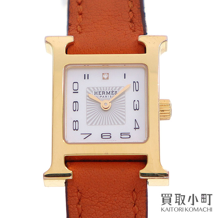 エルメス【HERMES】HウォッチTPM 1Pダイヤモンド ホワイトシェル イエローゴールドプレーテッド 革ベルト クォーツ レディースウォッチ 女性用腕時計 HH1.102 H-WATCH TPM 1PD QZ【Bランク】【中古】