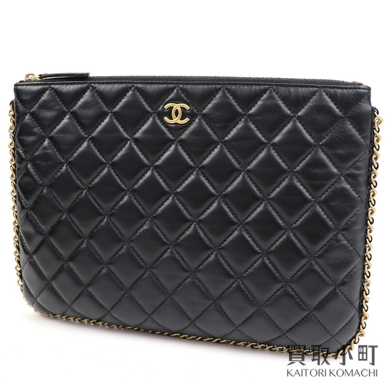 【美品】シャネル【CHANEL】チェーントリミング ラージポーチ ブラック カーフスキン マトラッセ ココマーク キルティング ドキュメントケース クラッチバッグ #30 CHAIN TRIMMING POUCH CLUTCH【Aランク】【中古】のサムネイル