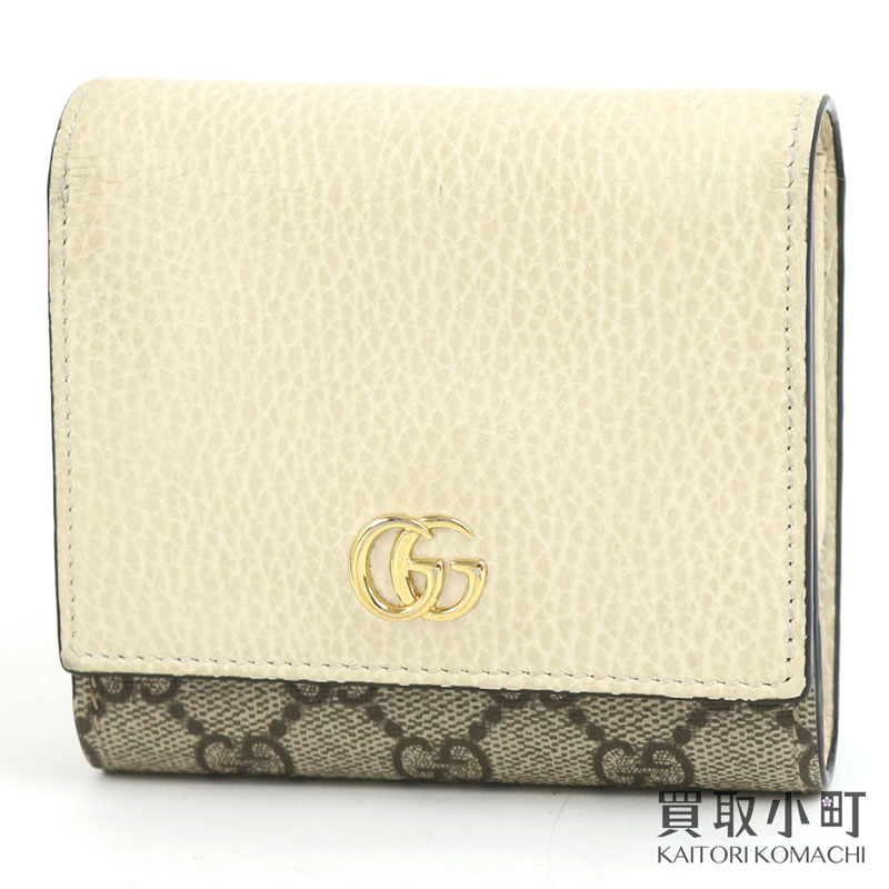 【最大1万円OFFクーポン! 5/20～】【美品】グッチ【GUCCI】ダブルG ウォレット GGマーモント GGスプリーム キャンバス ベージュ エボニー ホワイトレザー メタルロゴ 二つ折り財布 サイフ 598587 17WAG 9096 GG MARMONT MEDIUM WAL【中古】