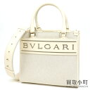 【美品】ブルガリ【BVLGARI】ブルガリロゴ スモールトートバッグ キャンバス ホワイト 2WAYショルダー ハンドバッグ スクエア チェーン..