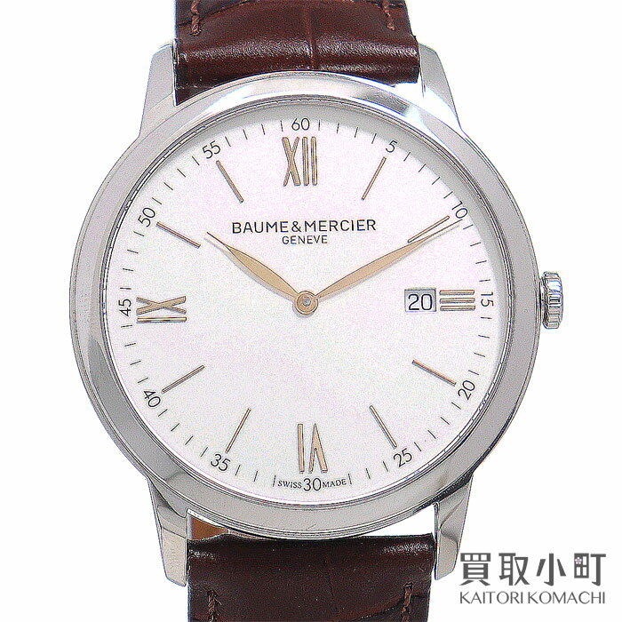 【最大1万円OFFクーポン! 5/20～】【美品】ボーム&メルシエ 【BAUME & MERCIER】 クラシマ 42MM デイト クォーツ メンズウォッチ シルバーホワイト ブラウン カーフレザー 革ベルト 男性用腕時計 MOA10415 CLASSIMA QUARTZ WATCH【【中古】