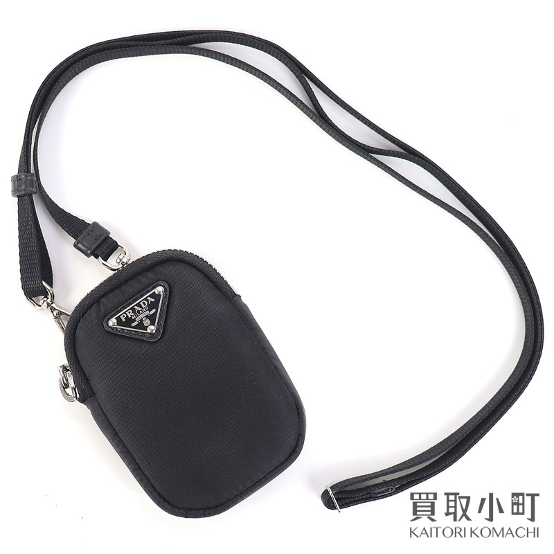 【美品】プラダ【PRADA】テスート リナイロン ネックストラップ付き ポーチ ブラック コインケース イヤホンケース トライアングルロゴ 1TT130 2DMV F0002 RE NYLON MINI POACH【Aランク】【中古】
