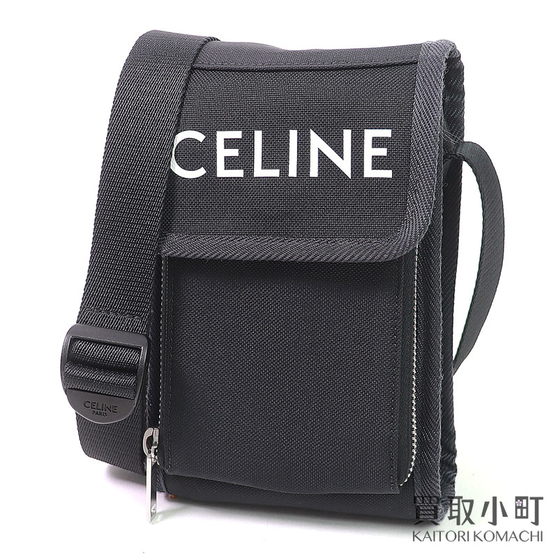 セリーヌ【CELINE】トレッキング モバイルポーチ ロゴプリント ナイロン ミニショルダーバッグ 斜め掛け ブラック スマホホルダー フォーンポーチ ポシェット 10K032EIY.38SI MINI SHOULDER BAG【ABランク】【中古】