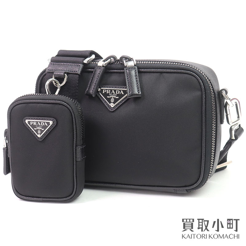 PRADA - 【最大3万円OFFクーポン! 5/15〜】【美品】プラダ【PRADA】ブリック Re-Nylon x サフィアーノレザー バッグ ブラック テスート リナイロン トライアングルロゴ メンズ クロスボディ メッセンジャー ミニショルダー 斜め掛け 2VH070【中古】