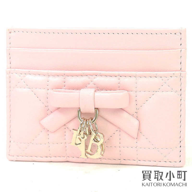 【未使用品】ディオール 【Chiristian Dior】レディディオール フリージア カードホルダー エクスヘイルピンク カナージュ ラムスキン キルティングステッチ ロゴチャーム リボン カードケース S2604OUQA M19N LADYDIOR FREESIA CAED CASE【Sランク】【新品同様】