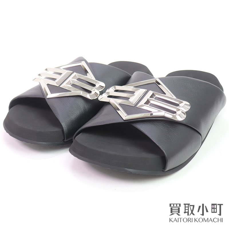 Rakuten - 【最大1万円OFFクーポン! 5/25〜】【未使用品】バレンシアガ【BALENCIAGA】サンセット フラットBB ミュール サンダル ソフトカーフスキン メタル BBロゴ #43 828478 WB221 1010 SUNSET FLAT BB MULE【Sランク】【新品同様】【中古】