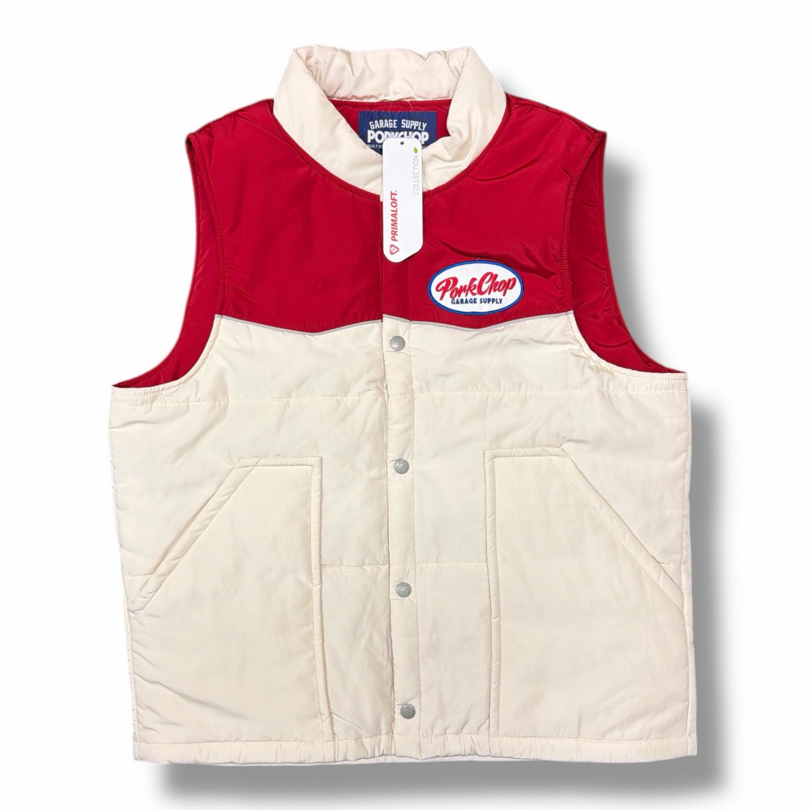 未使用 PORKCHOP GARAGE SUPPLY・ポークチョップガレージサプライ RACING VEST 状態SS レーシングベスト 中綿ベスト サイズL ベージュ×レッド メンズ （8917M）【中古】