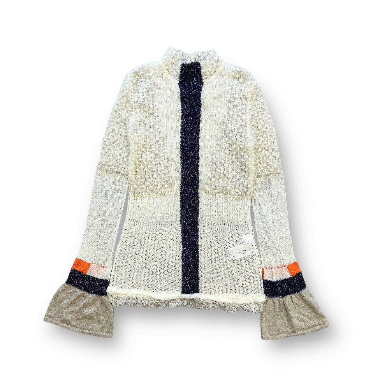 マメ クロゴウチ・Mame Kurogouchi Lame Line Jacquard Knit Pullover 状態C レイム ライン ジャガード ニット プルオーバー トップス セーター レース切り替え ロングスリーブ 長袖 ホワイト MM19AW-KN035 サイズ1 GF3346のサムネイル