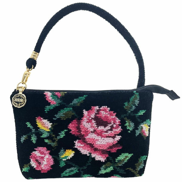 フェイラー アクセサリーポーチ ゴラローズ サイドポーチ シュニール織 綿 ブラック 黒 マルチカラー FEILER バラ ローズ 薔薇 花柄 フラワー ポーチ マルチポーチ ミニポーチ 小物入れ レディース 女性 美品【中古】