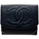 シャネル 財布 ココマーク Wホック財布 キャビアスキン レザー 革 ブラック 黒 A01427 CHANEL CC 両開き財布 コンパクト財布 ミニ財布 ミニウォレット ウォレット サイフ 箱付き 【中古】