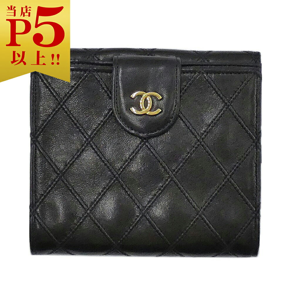 シャネル 財布 CHANEL ラムスキン マトラッセ CC ココマーク Wホック 二つ折り コンパクト財布 ブラック レディース 10069